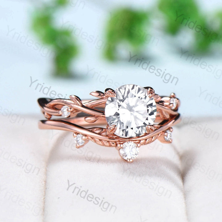 Twig Moissanite Engagement Ring Set Rose Gold Natural Inspired Branch Moissanite Wedding Ring Set Women Unique Leaf anniversary promise ring - PENFINE