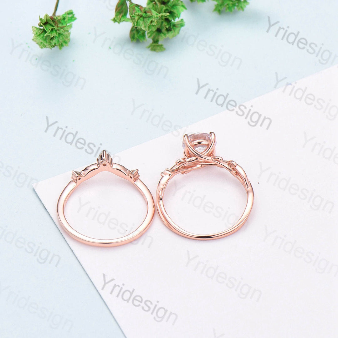 Twig Moissanite Engagement Ring Set Rose Gold Natural Inspired Branch Moissanite Wedding Ring Set Women Unique Leaf anniversary promise ring - PENFINE