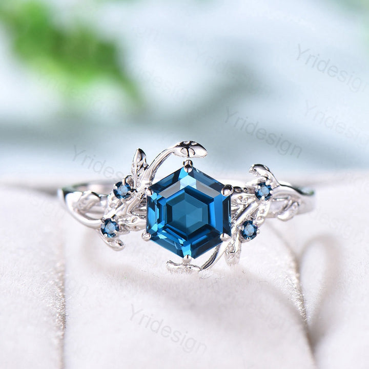 Twig London Blue Topaz Ring Vintage Hexagon cut Natural Inspired Leaf engagement ring white gold branch wedding ring November birthstone - PENFINE