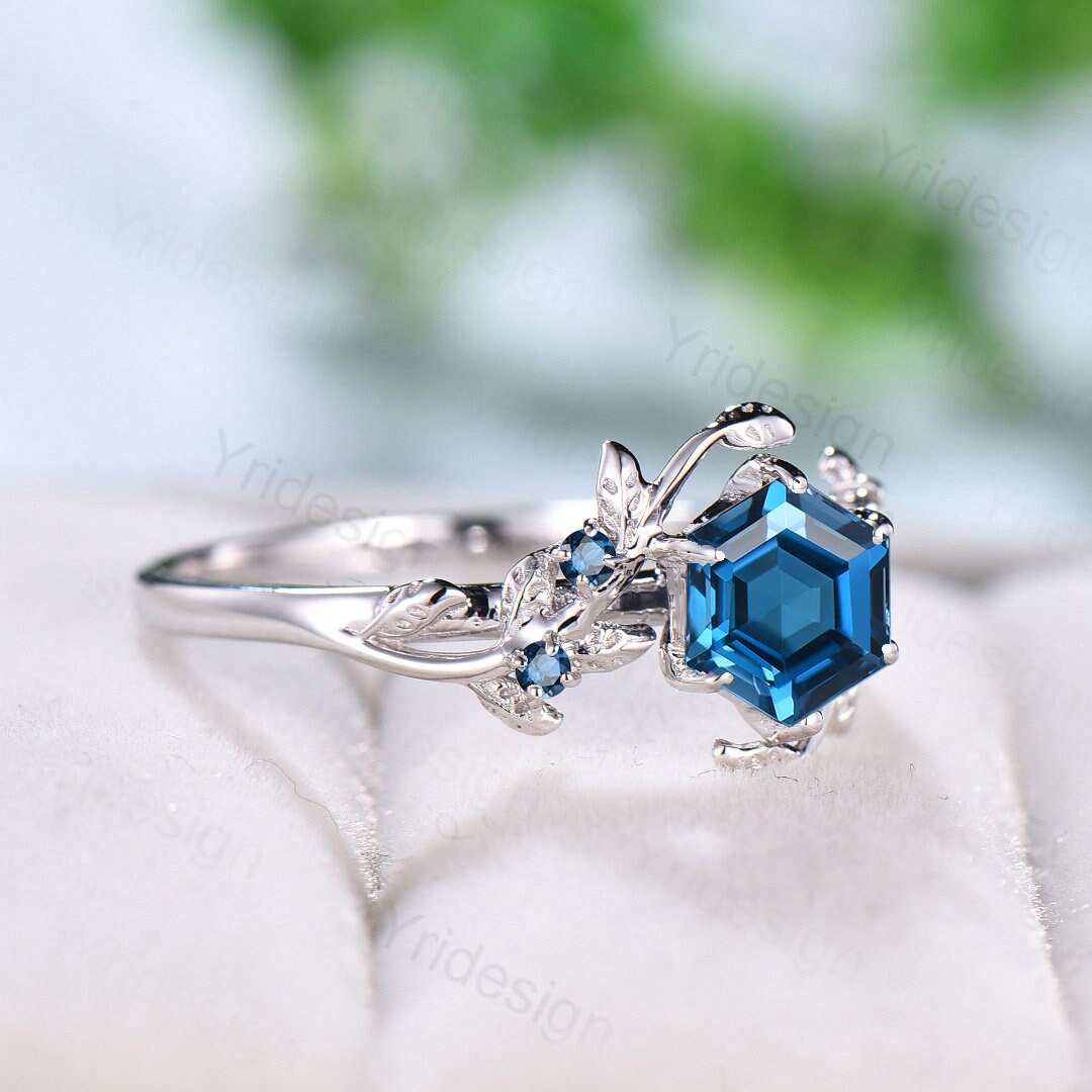 Twig London Blue Topaz Ring Vintage Hexagon cut Natural Inspired Leaf engagement ring white gold branch wedding ring November birthstone - PENFINE