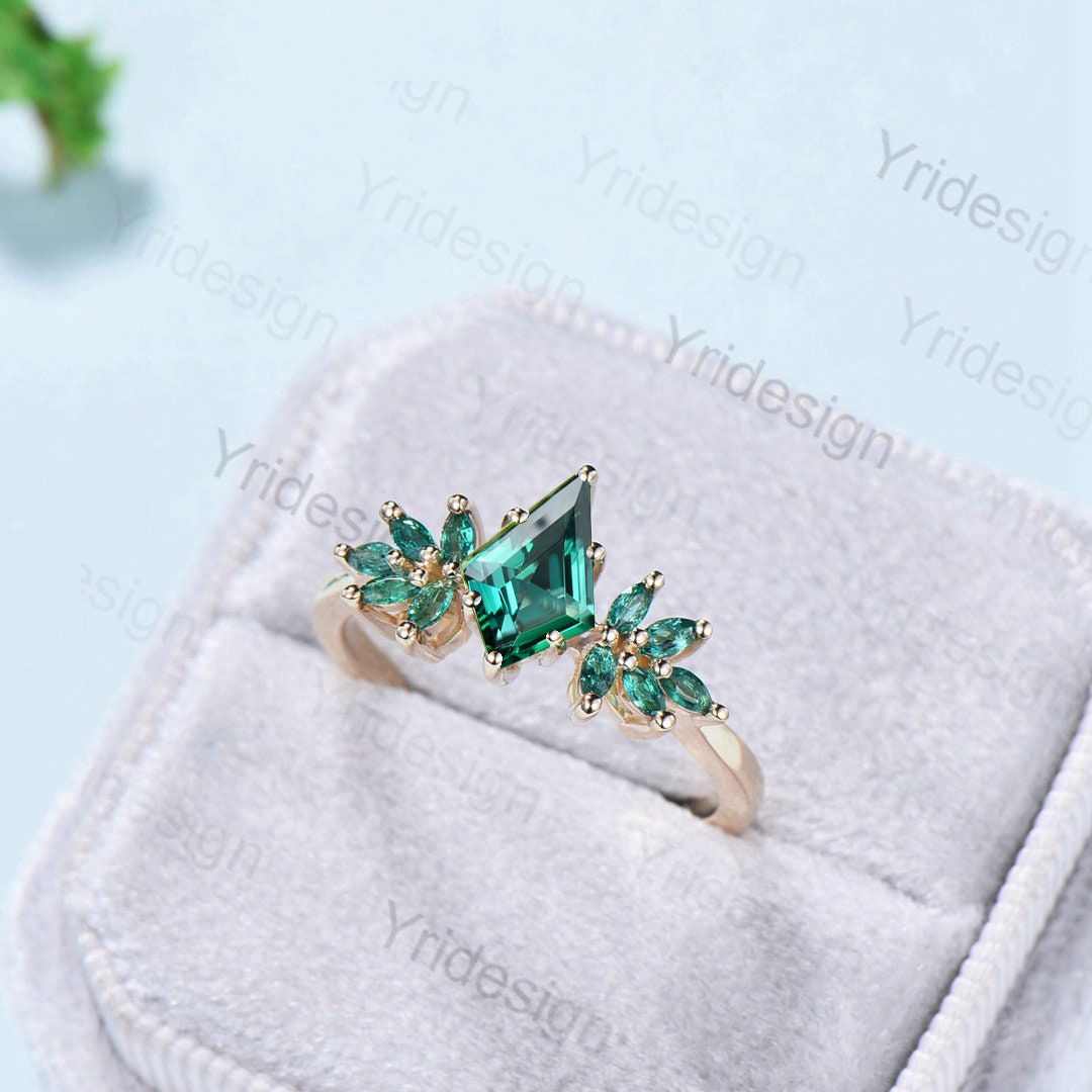 Vintage emerald engagement ring Unique kite cut green crystal cluster marquise emerald wedding ring for women anniversary promise ring gift - PENFINE