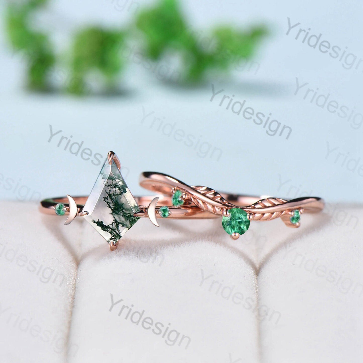 Vintage kite shaped moss agate engagement ring set rose gold Unique moon wedding ring for women band green crystal emerald promise ring - PENFINE