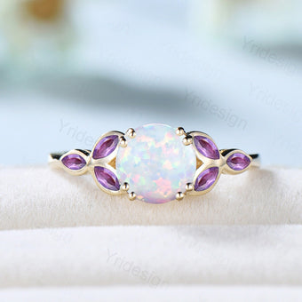 Vintage Fire opal ring for women unique Marquise amethyst opal engagement ring Bezel set Art deco bridal ring leaf band Dainty promise ring - PENFINE