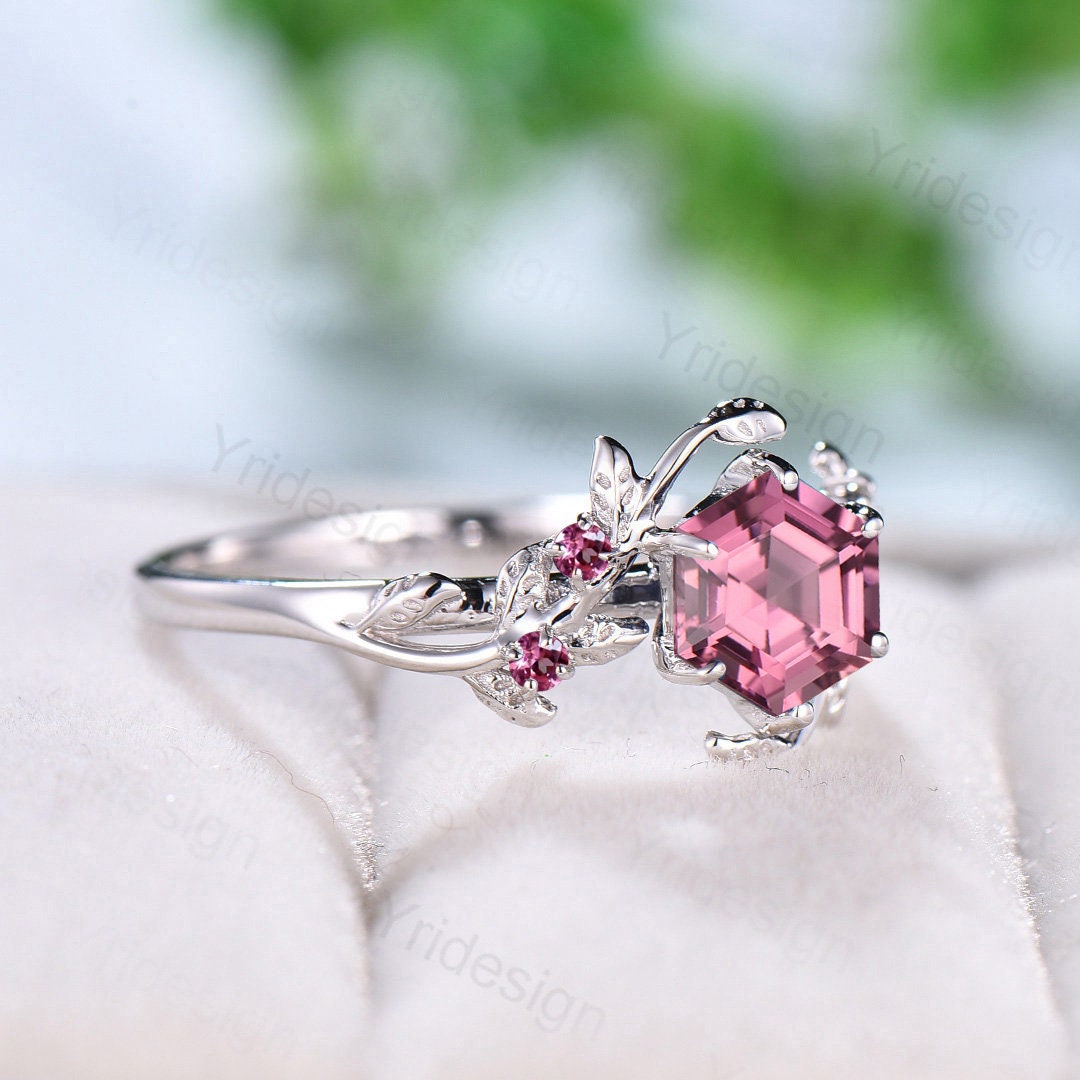 Natural Inspired Pink Tourmaline Ring Vintage Unique Twig Engagement Ring 14K White Gold Leaf Branch Wedding Ring Women Anniversary Gift - PENFINE