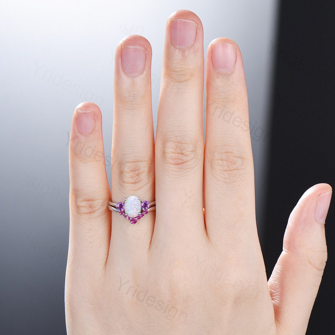 Vintage Opal Amethyst Engagement Ring Set Unique Oval Fire Opal Wedding Ring Set Crown pink tourmaline Stacking Band Antique Bridal Ring Set - PENFINE