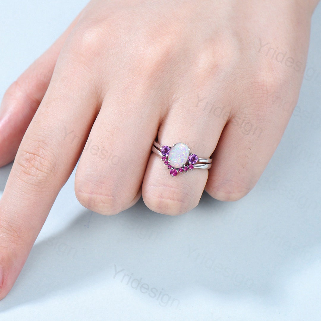 Vintage Opal Amethyst Engagement Ring Set Unique Oval Fire Opal Wedding Ring Set Crown pink tourmaline Stacking Band Antique Bridal Ring Set - PENFINE
