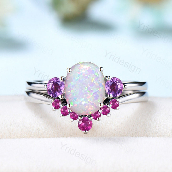 Vintage Opal Amethyst Engagement Ring Set Unique Oval Fire Opal Wedding Ring Set Crown pink tourmaline Stacking Band Antique Bridal Ring Set - PENFINE