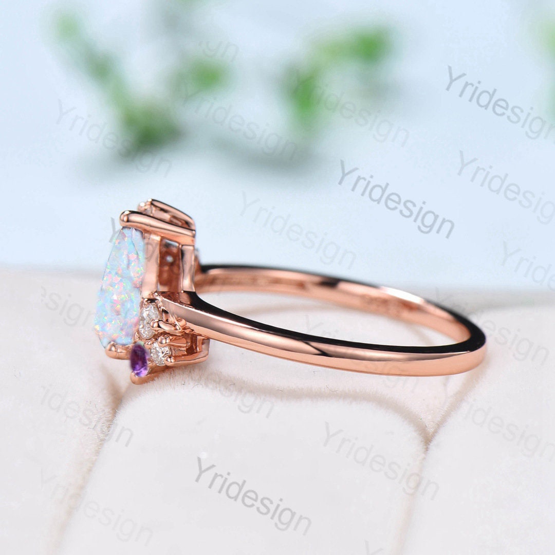 Unique fire opal engagement ring Vintage Teardrop white opal bridal ring silver alternative cluster amethyst wedding ring anniversary gift - PENFINE