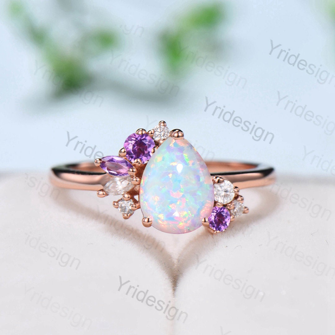 Unique fire opal engagement ring Vintage Teardrop white opal bridal ring silver alternative cluster amethyst wedding ring anniversary gift - PENFINE