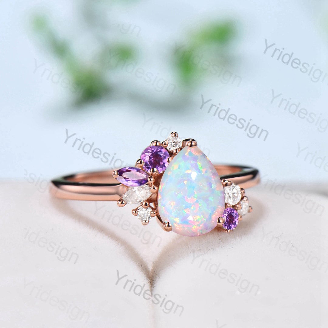 Unique fire opal engagement ring Vintage Teardrop white opal bridal ring silver alternative cluster amethyst wedding ring anniversary gift - PENFINE