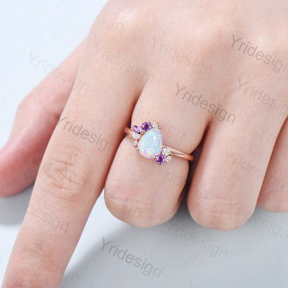 Unique fire opal engagement ring Vintage Teardrop white opal bridal ring silver alternative cluster amethyst wedding ring anniversary gift - PENFINE