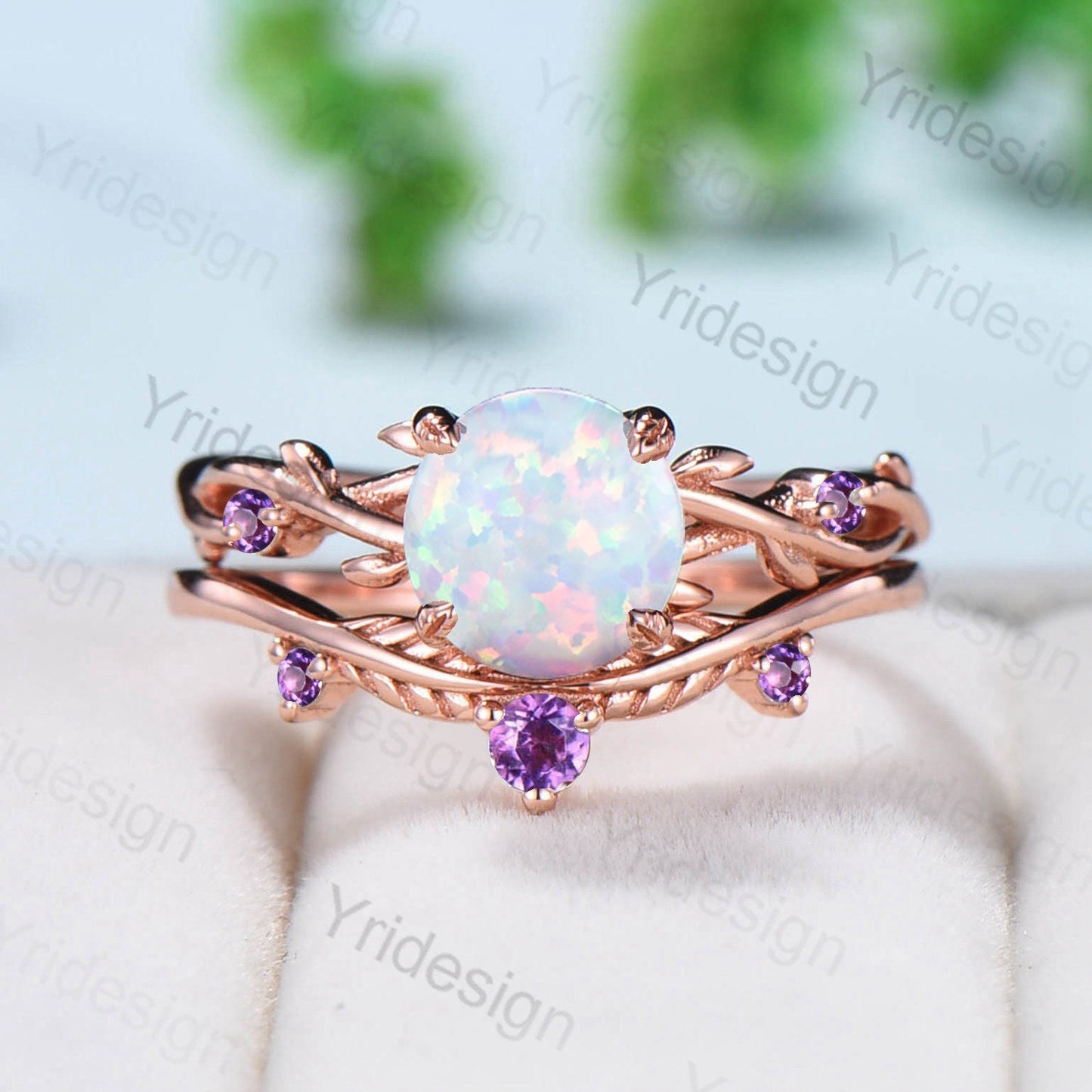 Twig Opal Engagement Ring Set Rose Gold Natural Inspired Branch Opal Amethyst Wedding Ring Set Women Unique Leaf anniversary promise ring - PENFINE
