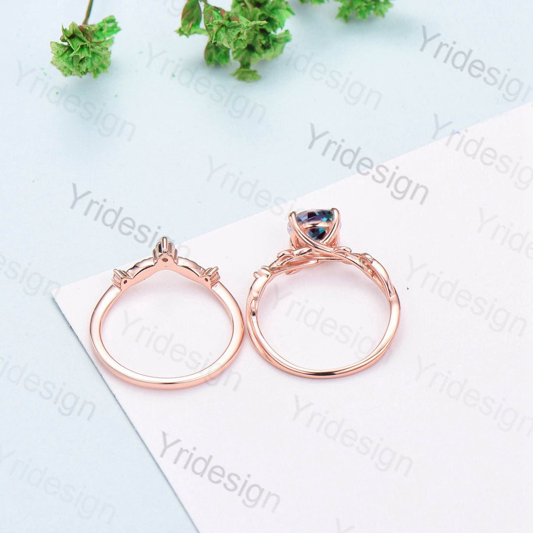 London Blue Topaz Engagement Ring Set Rose Gold Natural Inspired Branch Topaz Wedding Ring Set Women Unique Leaf anniversary promise ring - PENFINE