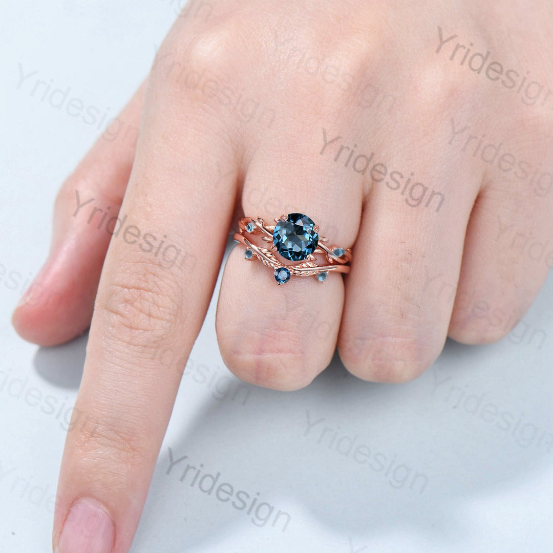 London Blue Topaz Engagement Ring Set Rose Gold Natural Inspired Branch Topaz Wedding Ring Set Women Unique Leaf anniversary promise ring - PENFINE