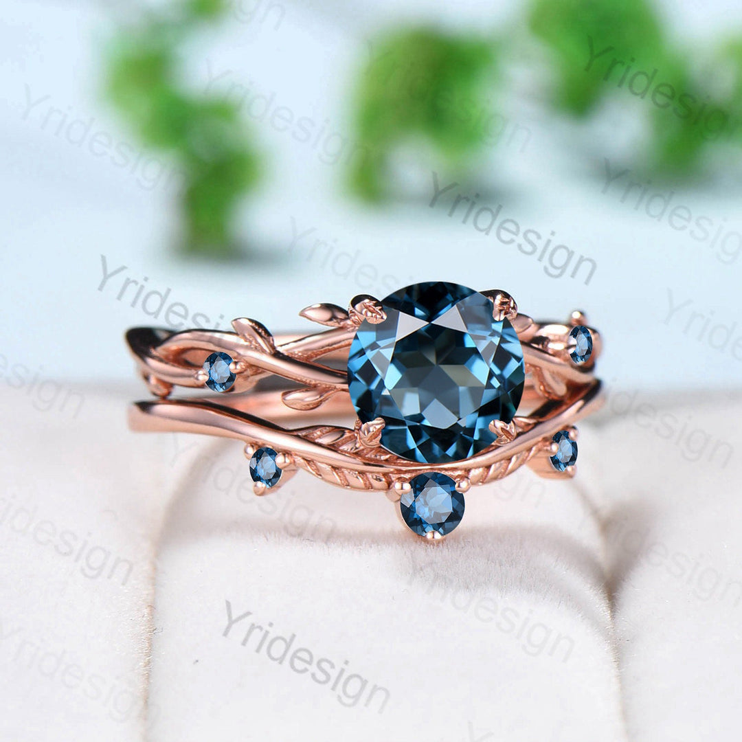 London Blue Topaz Engagement Ring Set Rose Gold Natural Inspired Branch Topaz Wedding Ring Set Women Unique Leaf anniversary promise ring - PENFINE