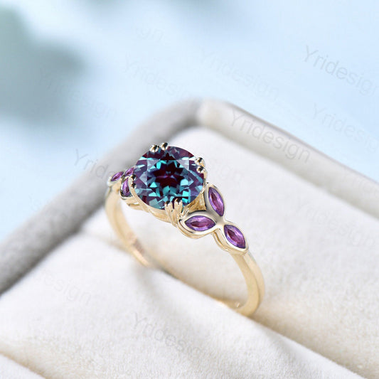 Vintage Alexandrite ring for women unique engagement ring Bezel set Art deco bridal ring leaf band Marquise amethyst Dainty promise ring - PENFINE