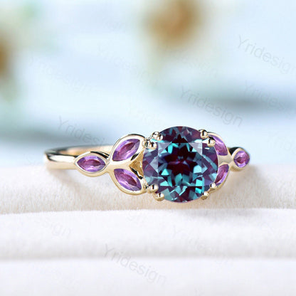 Vintage Alexandrite ring for women unique engagement ring Bezel set Art deco bridal ring leaf band Marquise amethyst Dainty promise ring - PENFINE