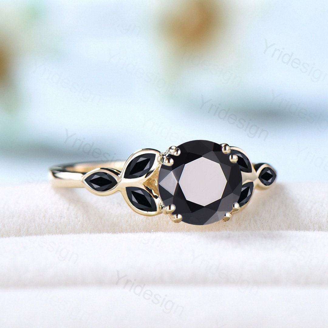 Vintage Black Onyx Engagement Ring Unique Leaf Engagement Ring Marquise Spinel Wedding Ring Women Delicate Anniversary gift promise ring - PENFINE