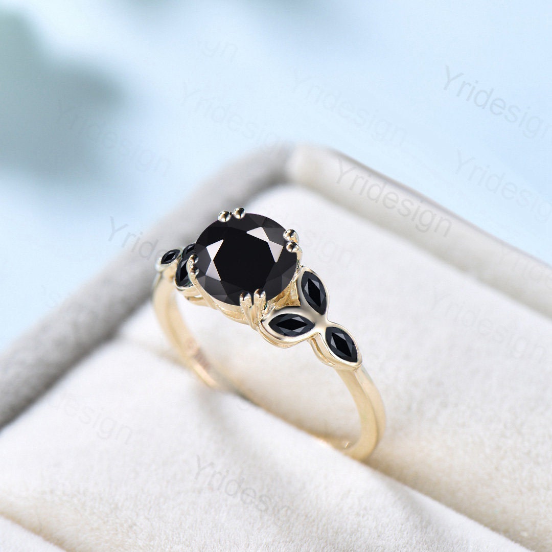 Vintage Black Onyx Engagement Ring Unique Leaf Engagement Ring Marquise Spinel Wedding Ring Women Delicate Anniversary gift promise ring - PENFINE