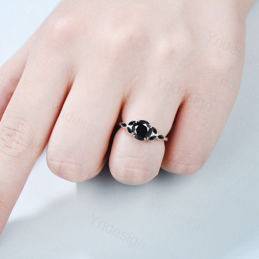 Vintage Black Onyx Engagement Ring Unique Leaf Engagement Ring Marquise Spinel Wedding Ring Women Delicate Anniversary gift promise ring - PENFINE