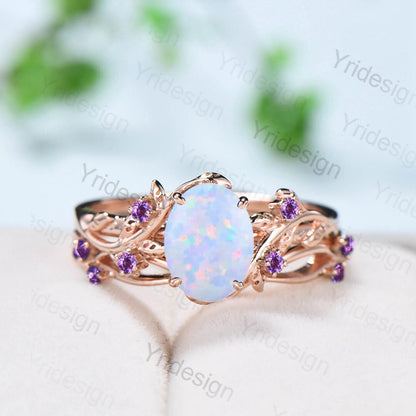 Natural Inspired Leaf opal ring set cluster amethyst fire opal engagement ring women unique branch wedding ring set for her anniversary gift - PENFINE