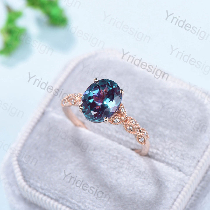 8X10mm Oval Alexandrite engagement ring Split shank art deco moissanite diamond wedding ring women Milgrain June birthstone anniversary gift - PENFINE