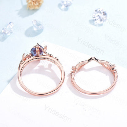 Nature Inspired Blue Goldstone Engagement Ring Set Cluster Spinel Sandstone Wedding Ring Set Leaves Branch Personalized Black Gemstone Ring - PENFINE
