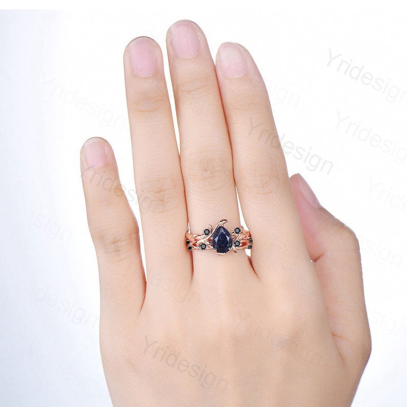 Nature Inspired Blue Goldstone Engagement Ring Set Cluster Spinel Sandstone Wedding Ring Set Leaves Branch Personalized Black Gemstone Ring - PENFINE
