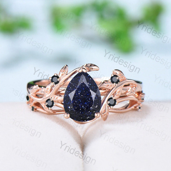 Nature Inspired Blue Goldstone Engagement Ring Set Cluster Spinel Sandstone Wedding Ring Set Leaves Branch Personalized Black Gemstone Ring - PENFINE