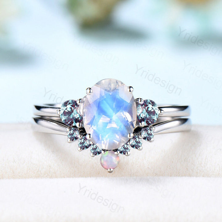 1.5ct Oval Natural Moonstone Engagement Ring Set Three Stone Cluster Alexandrite Promise Ring Woman Opal Wedding Ring Set June Birthstone - PENFINE