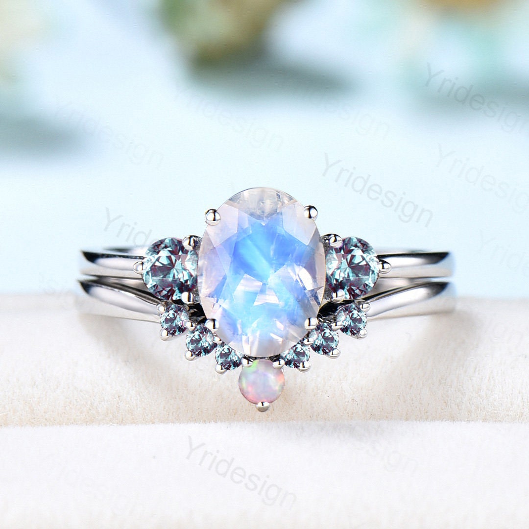 1.5ct Oval Natural Moonstone Engagement Ring Set Three Stone Cluster Alexandrite Promise Ring Woman Opal Wedding Ring Set June Birthstone - PENFINE