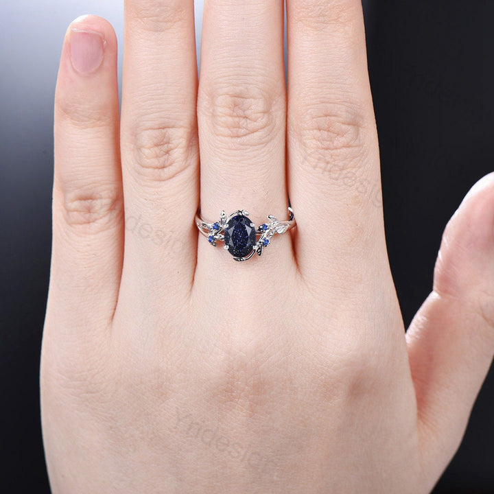 1.5CT Oval Star Blue Sandstone Ring Galaxy Blue Crystal Cluster Sapphire Engagement Ring Leaf Nature Inspired Platinum Wedding Ring Women - PENFINE