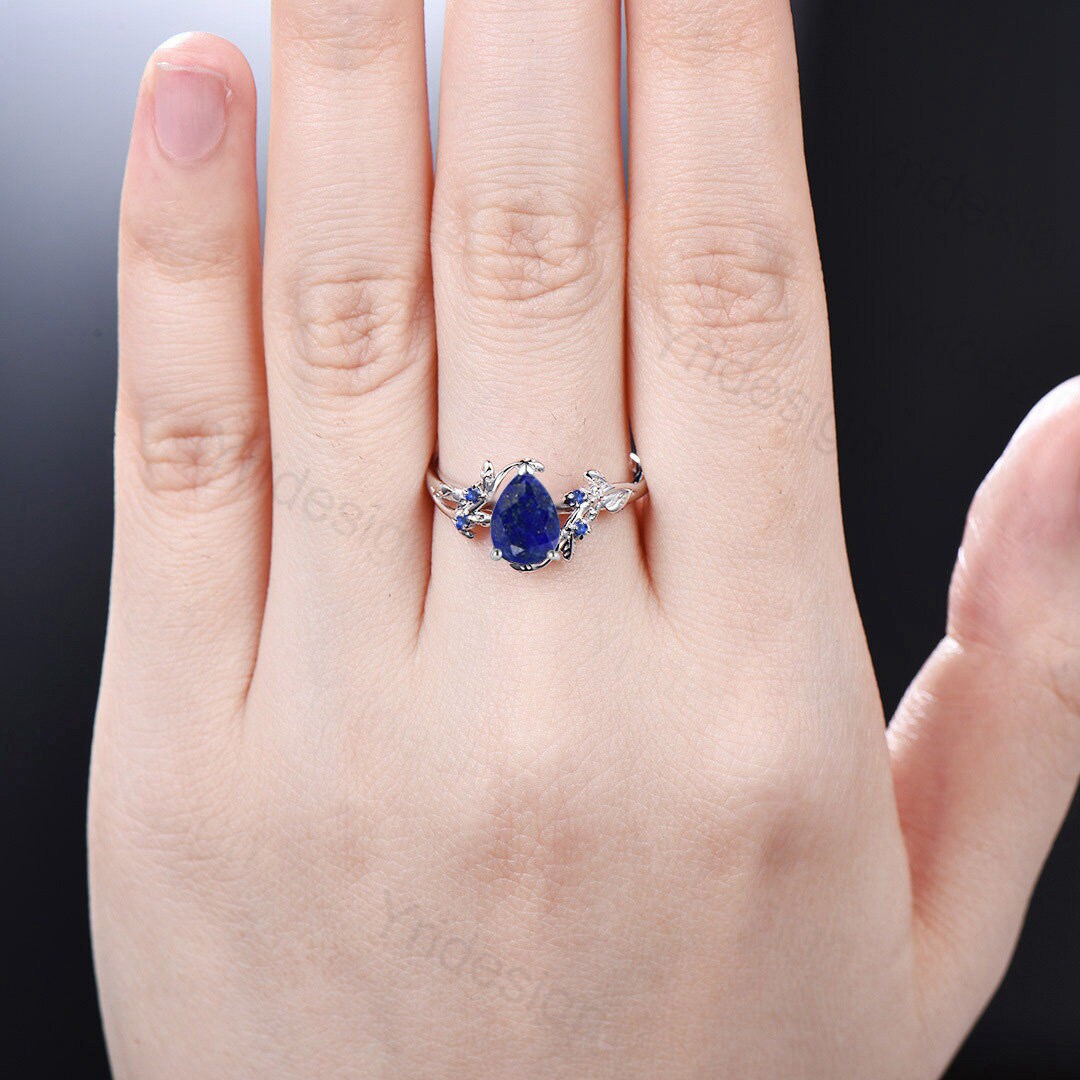Elegant Pear Shaped Lapis Lazuli Ring Vintage Unique Twig Engagement Ring Leaf Cluster Sapphire Wedding Ring Women Blue Gemstone Branch Ring - PENFINE