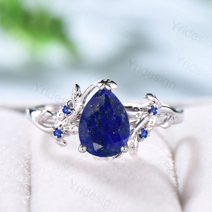 Elegant Pear Shaped Lapis Lazuli Ring Vintage Unique Twig Engagement Ring Leaf Cluster Sapphire Wedding Ring Women Blue Gemstone Branch Ring - PENFINE