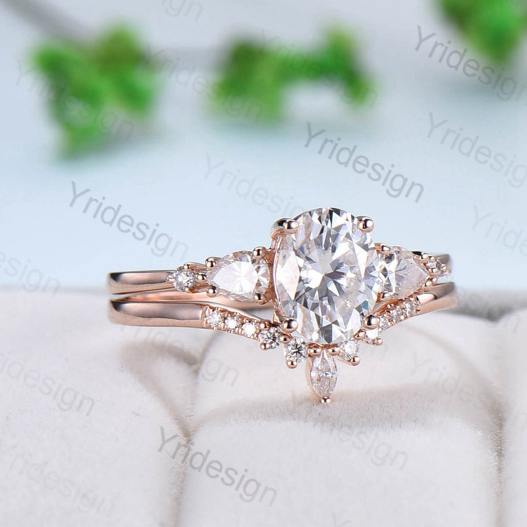 Vintage Moissanite engagement ring set unique solid gold oval moissanite engagement ring women crown wedding band Bridal Promise ring Women - PENFINE