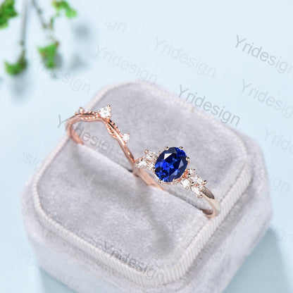 Oval Sapphire Wedding Ring Set Rose Gold Sapphire Diamond Engagement Ring Set Vintage Leaf Stacking Ring Natural Inspired Promise Ring - PENFINE