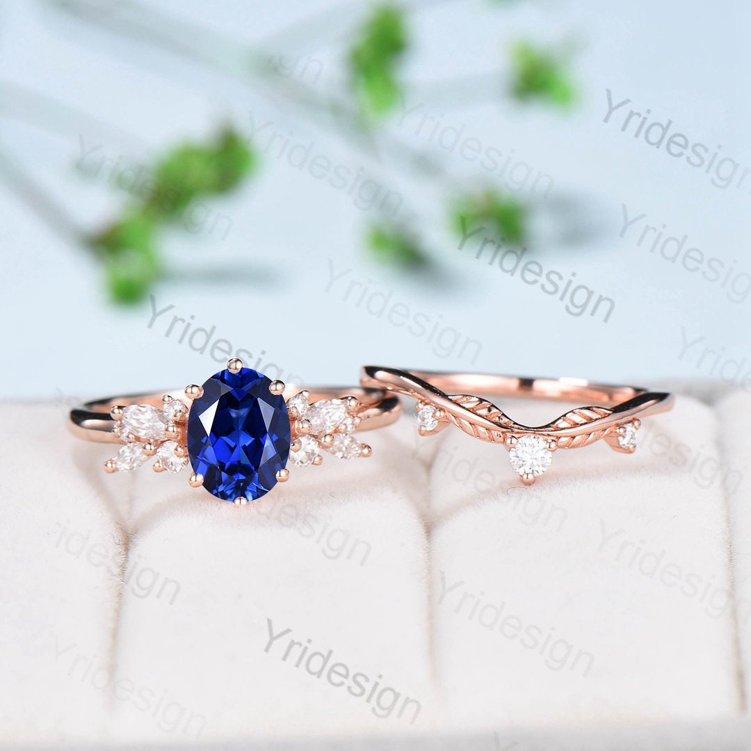 Oval Sapphire Wedding Ring Set Rose Gold Sapphire Diamond Engagement Ring Set Vintage Leaf Stacking Ring Natural Inspired Promise Ring - PENFINE