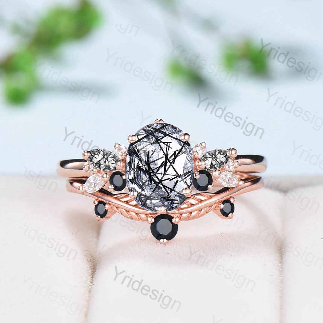 Oval Black Rutilated Quartz Engagement Ring Set Vintage Rose Gold Black Rutile Crystal Bridal Ring Unique Spinel Wedding Gift Women - PENFINE