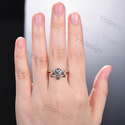 Oval Black Rutilated Quartz Engagement Ring Set Vintage Rose Gold Black Rutile Crystal Bridal Ring Unique Spinel Wedding Gift Women - PENFINE