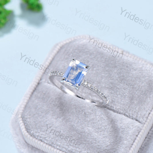 Rainbow Blue Emerald Cut Moonstone Engagement Ring 10k 14k 18k White Gold Pave Accent Diamonds Bridal Ring Antique Wedding Ring For Women - PENFINE
