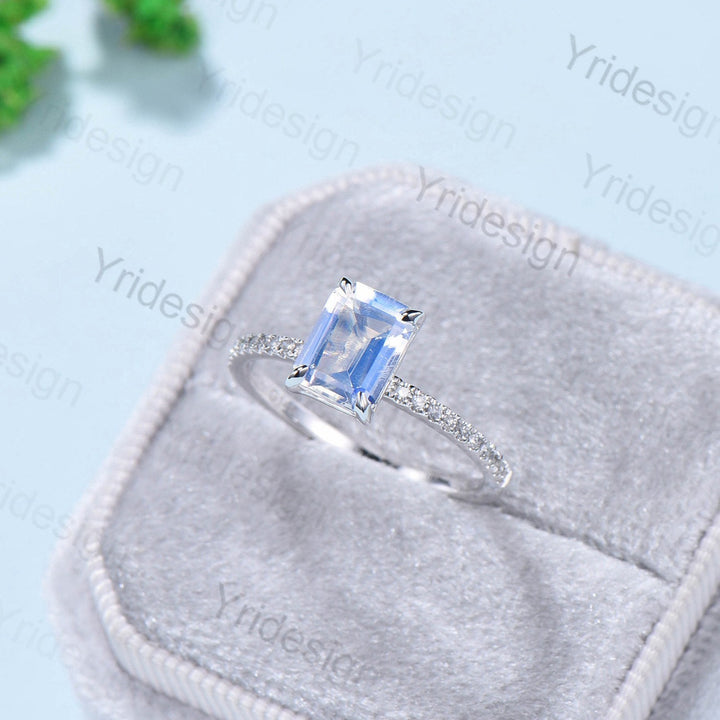 Rainbow Blue Emerald Cut Moonstone Engagement Ring 10k 14k 18k White Gold Pave Accent Diamonds Bridal Ring Antique Wedding Ring For Women - PENFINE