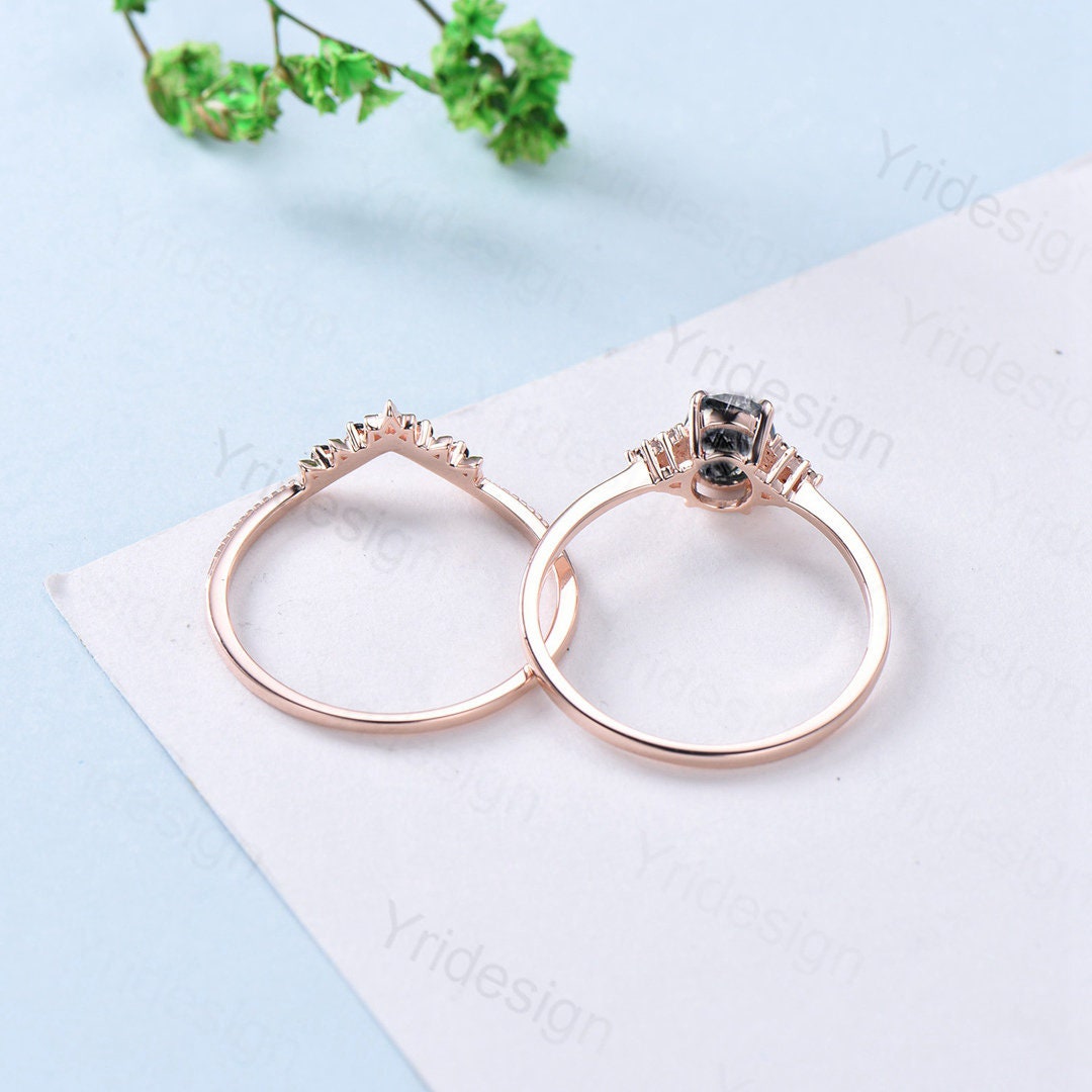 Oval Black Rutilated Quartz Engagement Ring Set Unique Black Rutile Crystal Vintage Birthday gift  wedding set black spinel stacking band - PENFINE