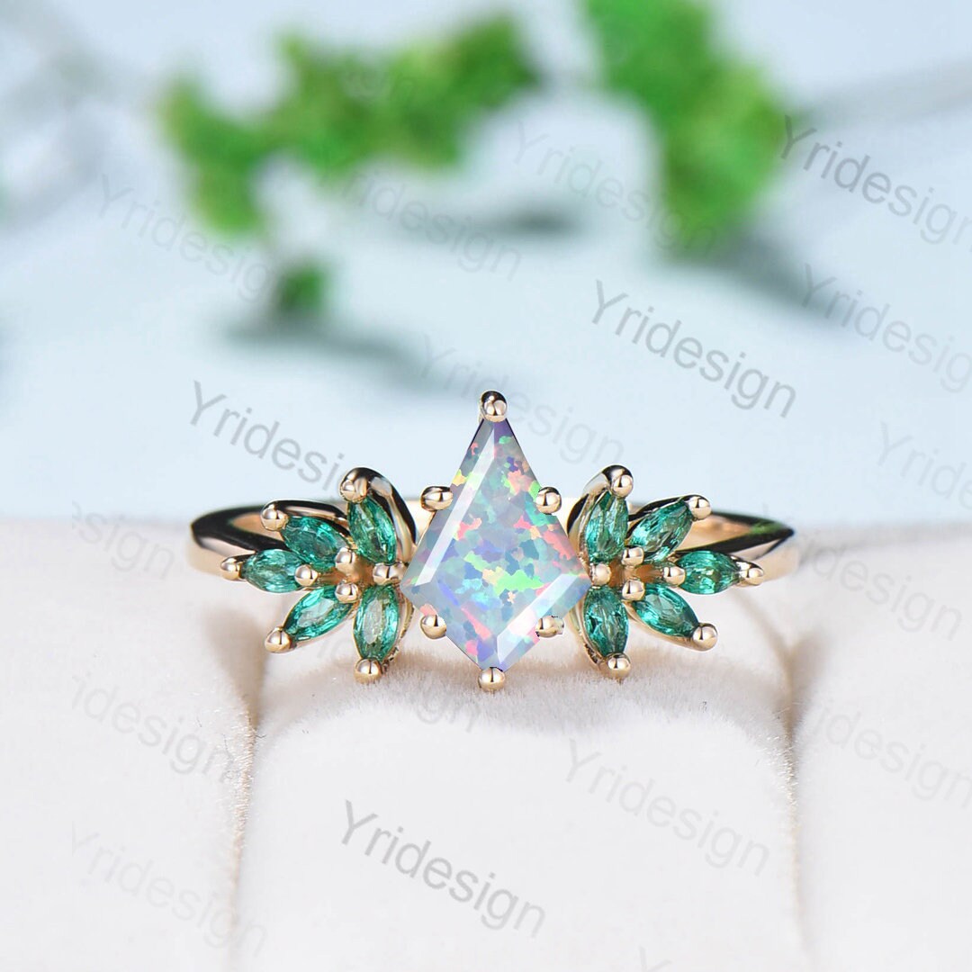 Vintage fire opal engagement ring kite cut Unique cluster emerald wedding ring for women Gold art deco birthday anniversary promise ring - PENFINE