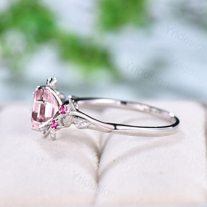 Natural Inspired Rose Quartz Ring Vintage Unique Silver Twig Engagement Ring Leaf Branch Pink Crystal Wedding Ring Women Anniversary Gift - PENFINE