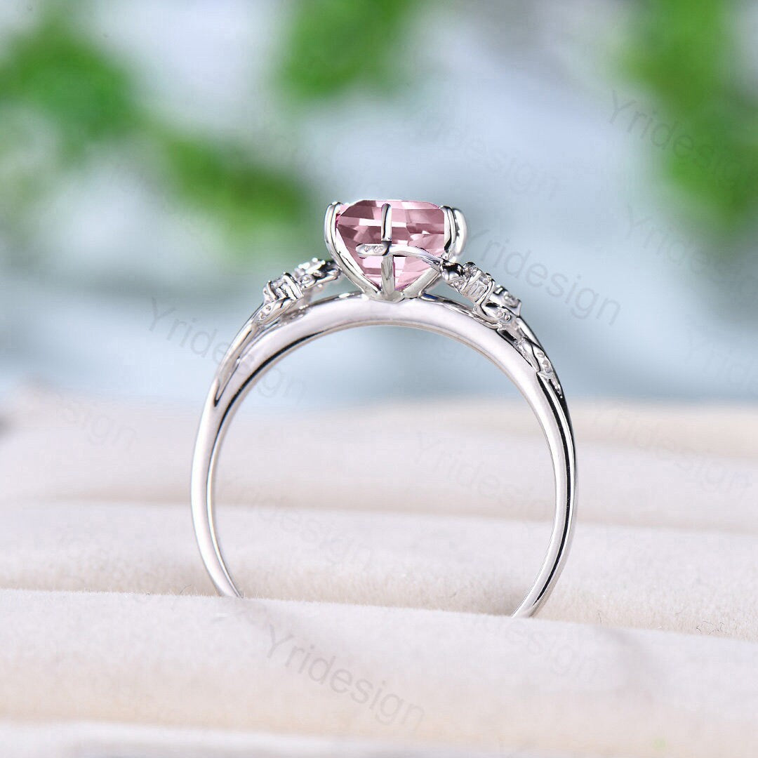 Natural Inspired Rose Quartz Ring Vintage Unique Silver Twig Engagement Ring Leaf Branch Pink Crystal Wedding Ring Women Anniversary Gift 18K White