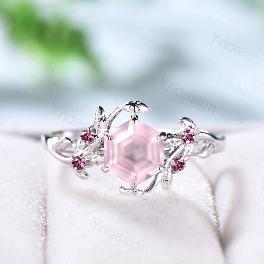 Natural Inspired Rose Quartz Ring Vintage Unique Silver Twig Engagement Ring Leaf Branch Pink Crystal Wedding Ring Women Anniversary Gift - PENFINE