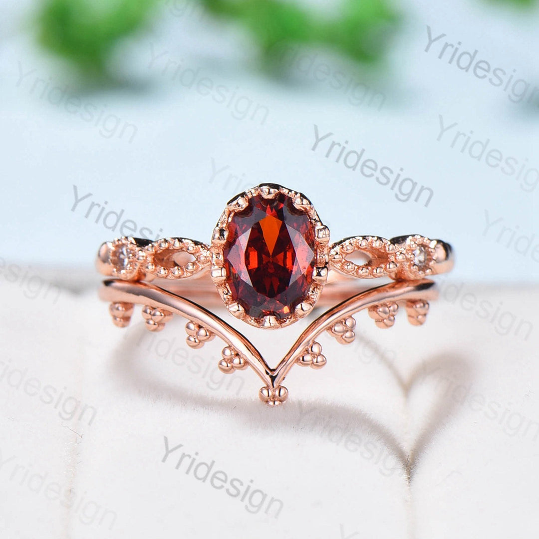 Art deco Natural Red Garnet Engagement Ring Set Vintage Unique 2Pcs Garnet Wedding Bridal Ring Set January Birthstone Ring Gift For her - PENFINE