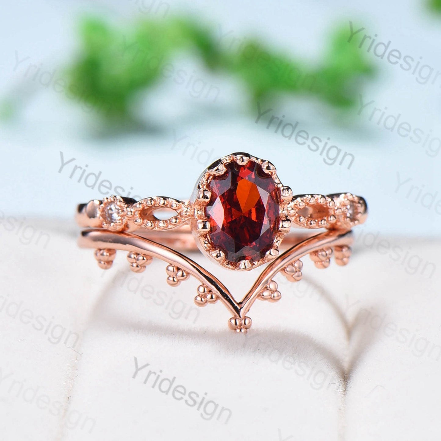 Art deco Natural Red Garnet Engagement Ring Set Vintage Unique 2Pcs Garnet Wedding Bridal Ring Set January Birthstone Ring Gift For her - PENFINE