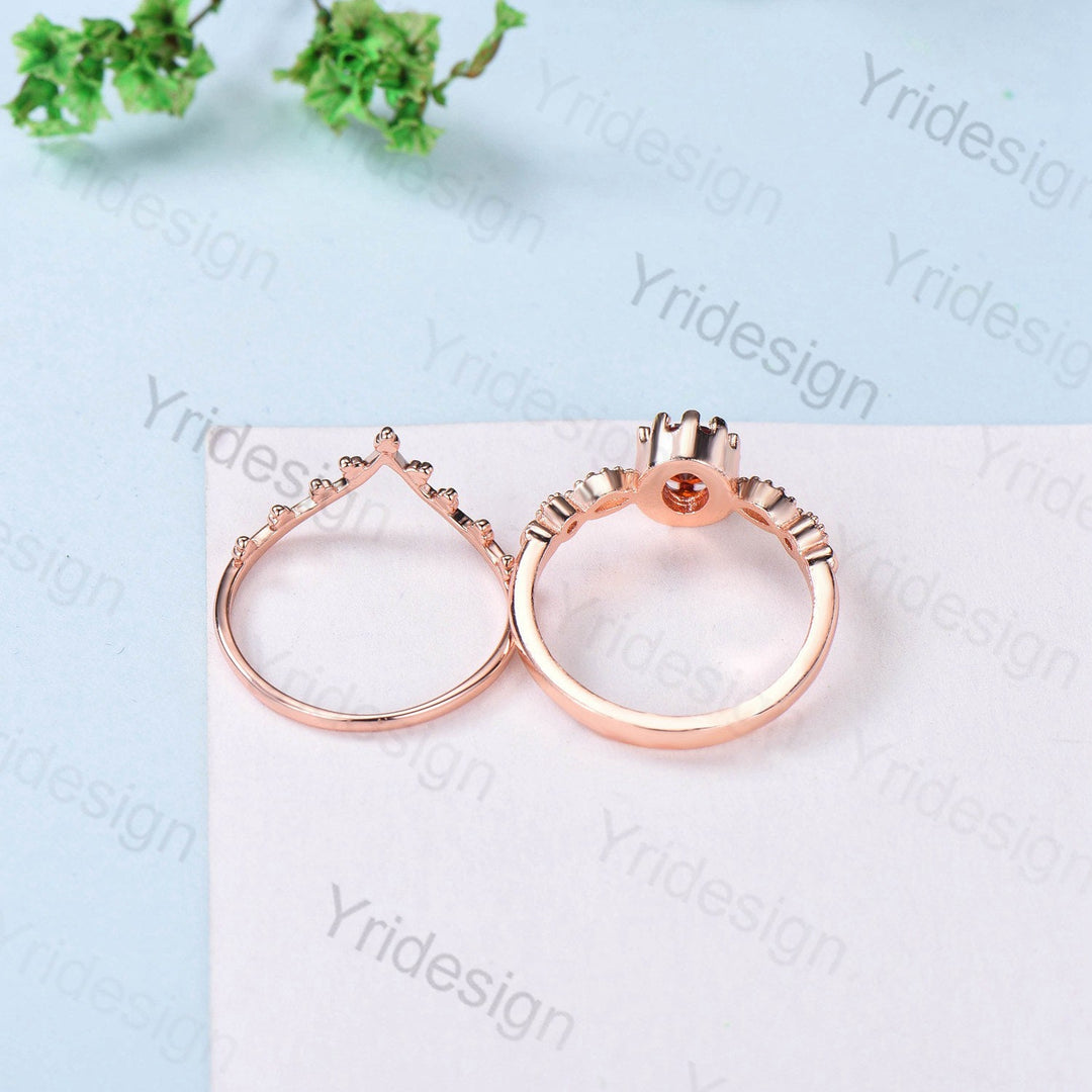 Art deco Natural Red Garnet Engagement Ring Set Vintage Unique 2Pcs Garnet Wedding Bridal Ring Set January Birthstone Ring Gift For her - PENFINE