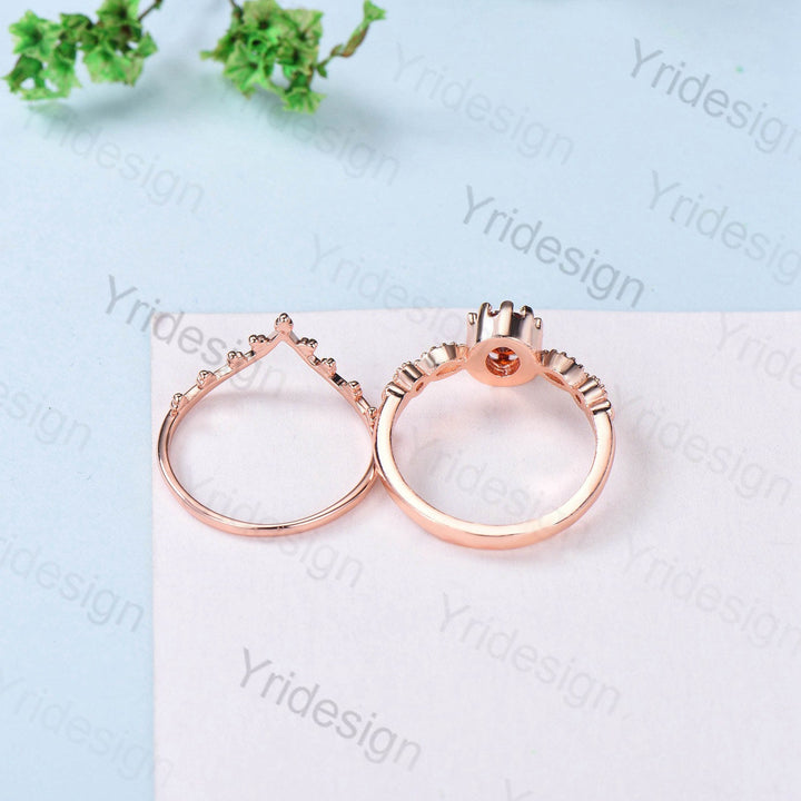 Art deco Natural Red Garnet Engagement Ring Set Vintage Unique 2Pcs Garnet Wedding Bridal Ring Set January Birthstone Ring Gift For her - PENFINE